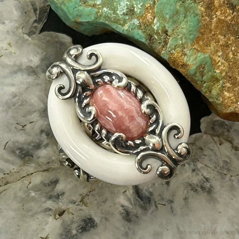 Carolyn Pollack Sterling White Agate & Rhodochrosite Ring Size 5.25 For Women